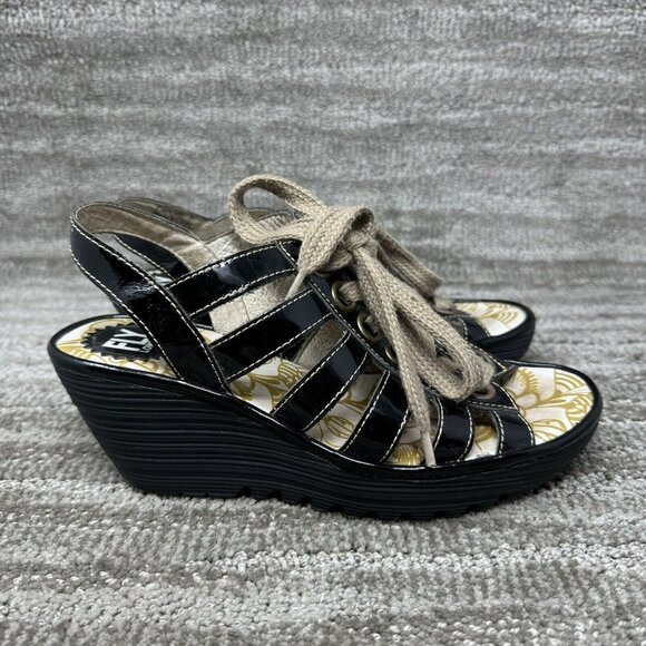 Fly London Shoes - FLY London Shoes Women 37/6.5 Yito Sandal Black Leather Wedge LaceUp Gladiator